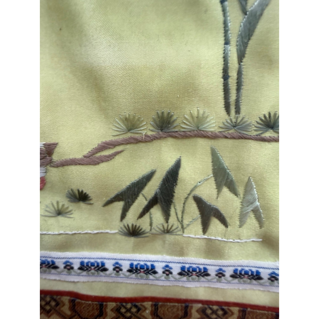 Vintage Chinese Hand Embroidered Silk Art Birds Brocade Framed 16 x 15
