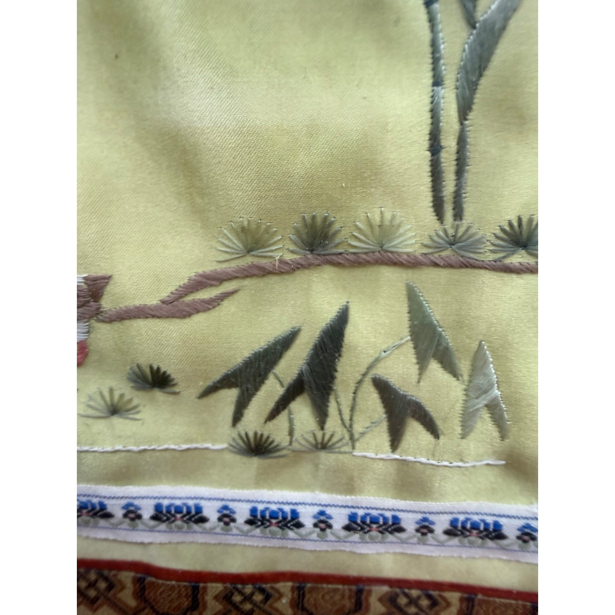 Vintage Chinese Hand Embroidered Silk Art Birds Brocade Framed 16 x 15