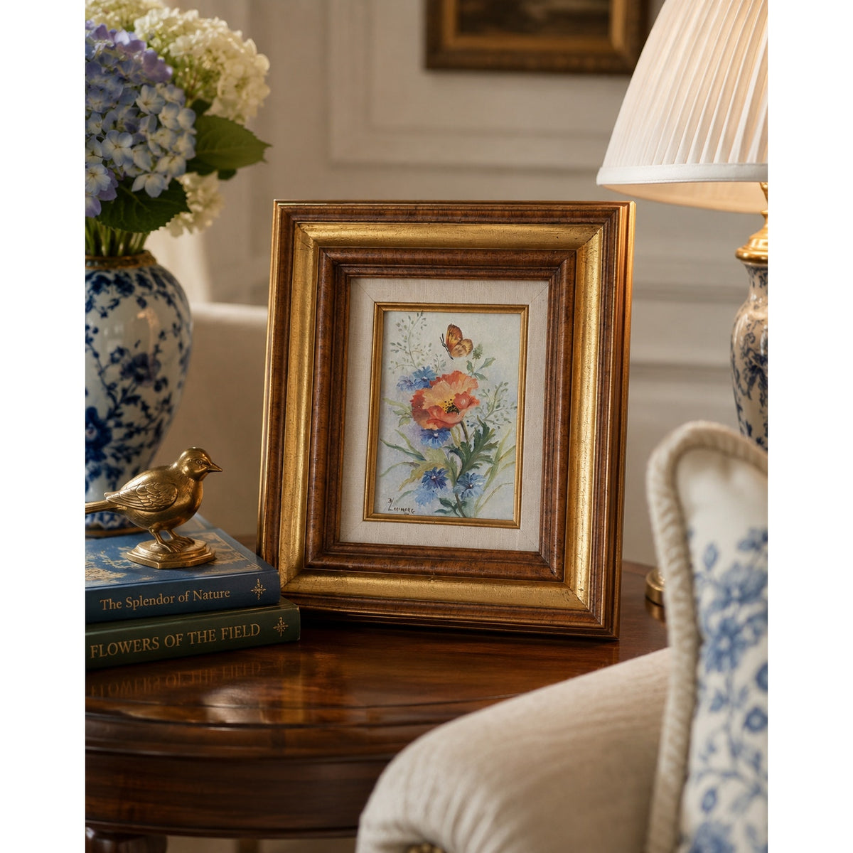 B Larimore 1981 Original Floral Painting Butterfly Signed Framed Vintage Art – main view