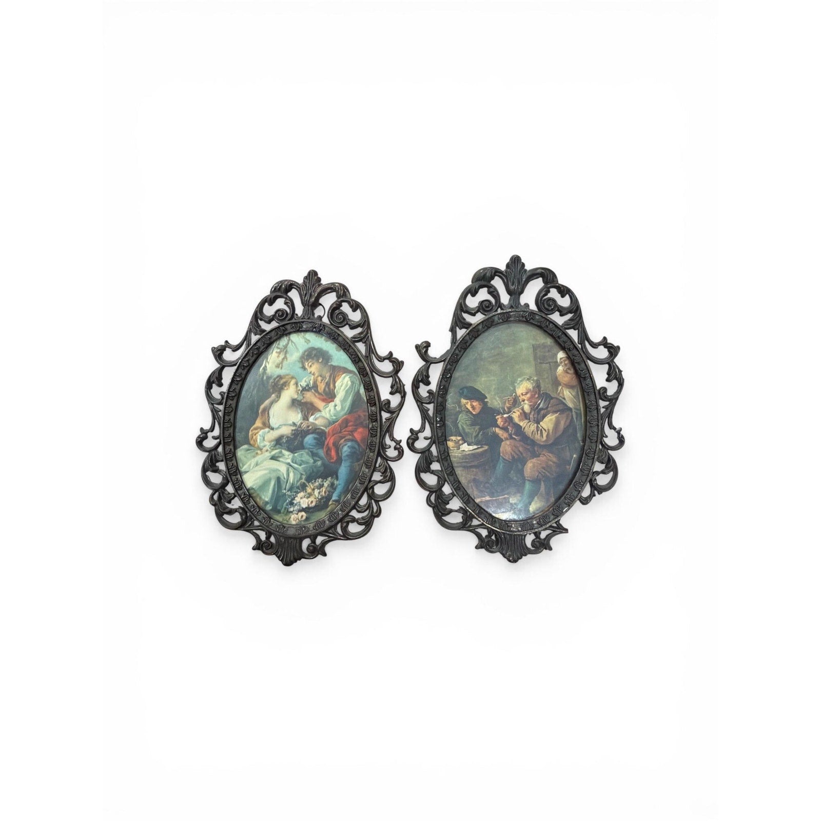 Set of 2 Vintage Italian Wall Plaques: Baroque Metal Frames, Rococo Art