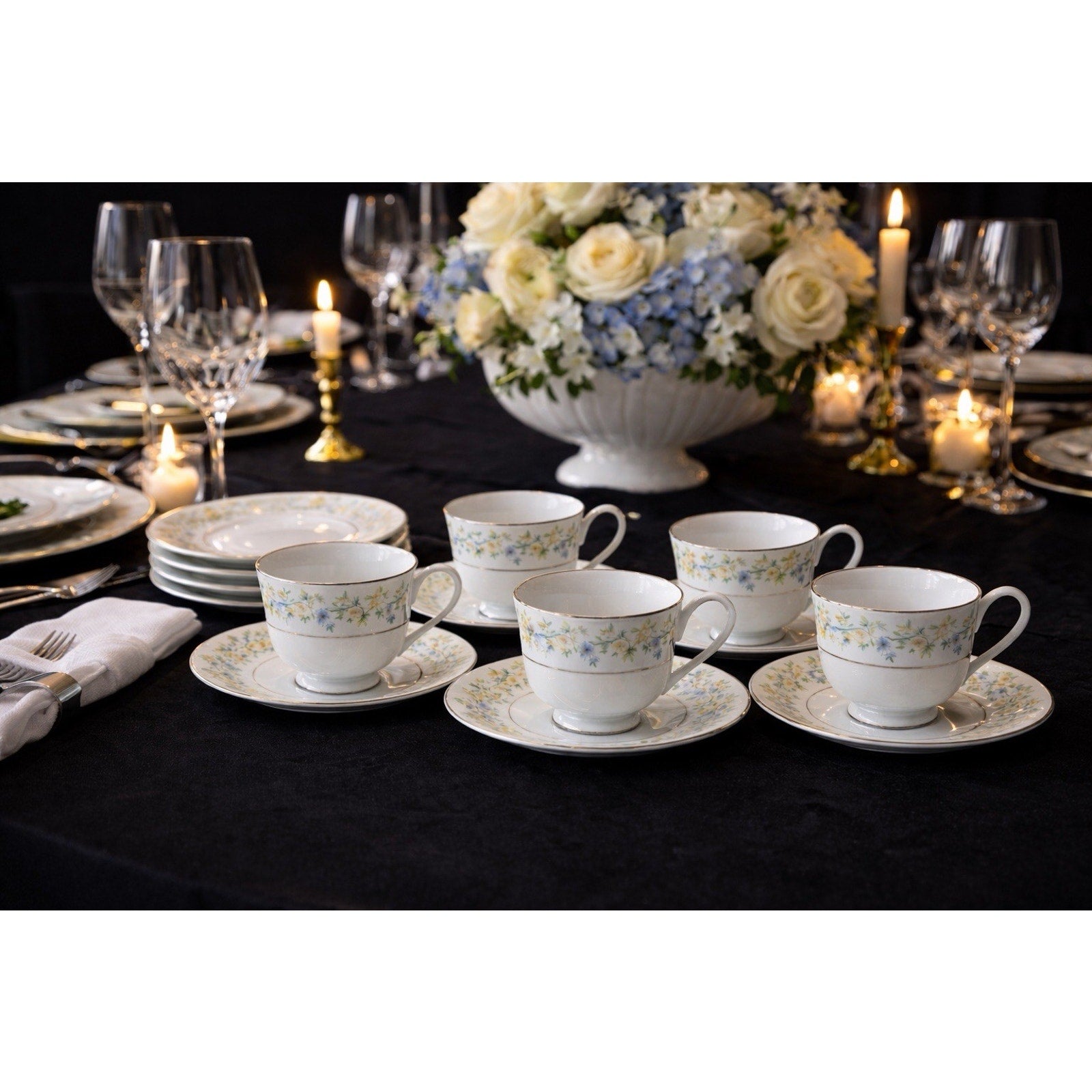 Crown Ming Jian Shiang Fine China Tea Cups & Saucers 13 Pc Tea Set