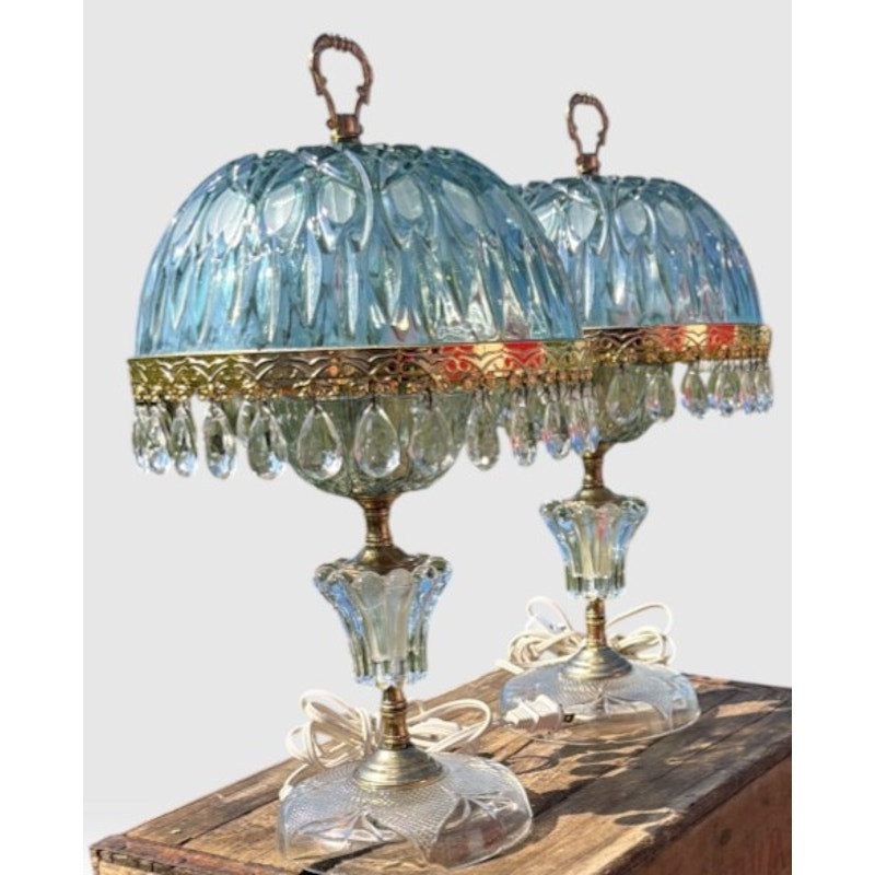Pair Vintage Michelotti Aqua Glass Boudoir Lamps Made in Holland 16" – additional view 3