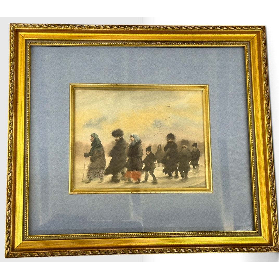 Original Watercolor Painting Russian Winter Procession Gilt Framed Folk Art – additional view 2