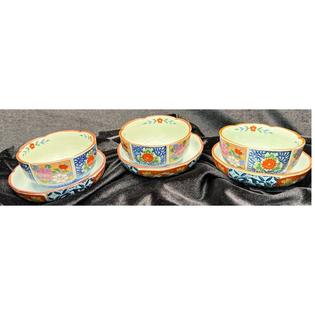 Vintage Japanese Imari Style Kobachi Bowls & Underplates Set of 3 Hand Painted