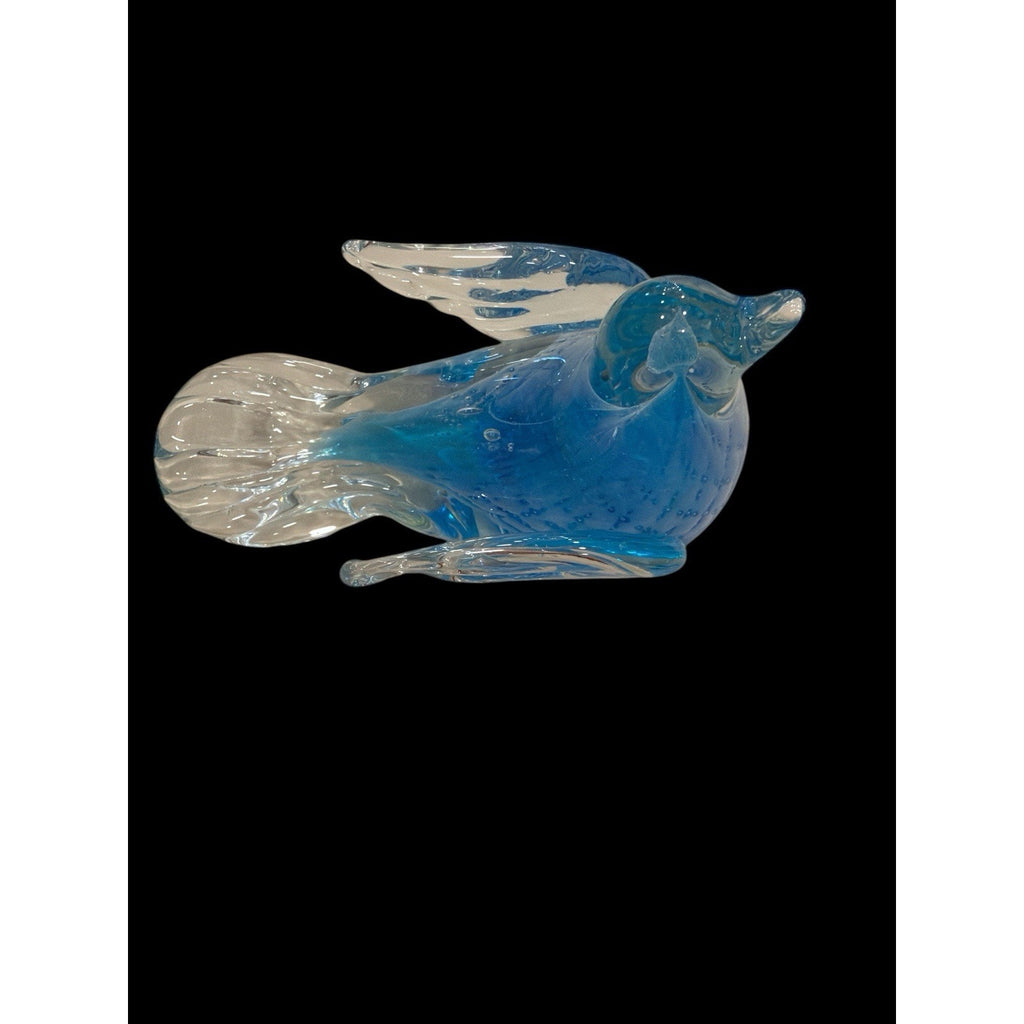 Hand Blown Blue Art Glass Bird Paperweight Figurine 7” Dia Coastal Decor