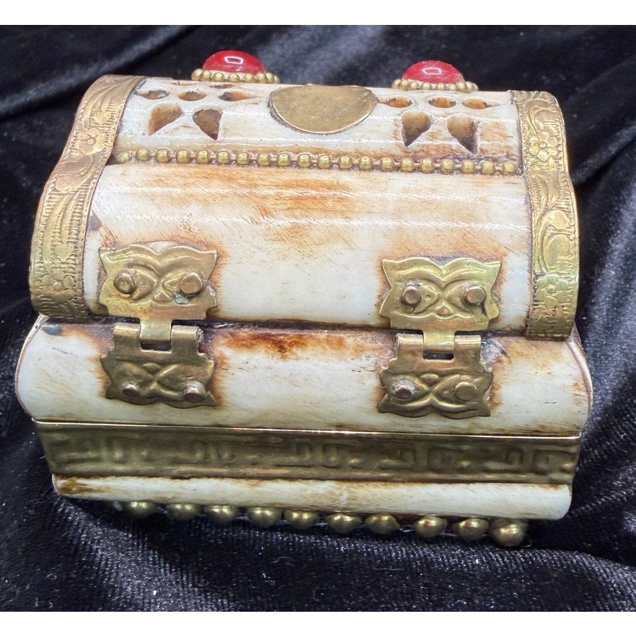 Vintage Bone & Brass Jewelry Box Purple Velvet Lined Keepsake Trinket Box