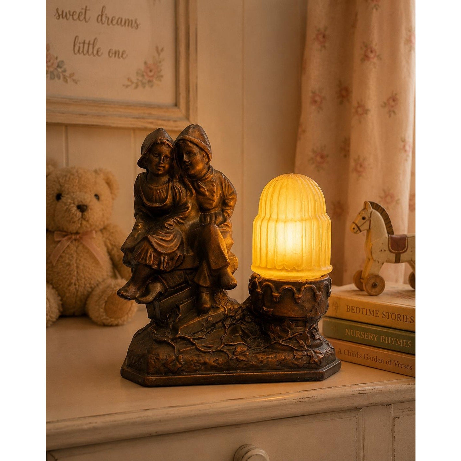 Vintage Chalkware Dutch Couple Lamp | Amber Glass Globe Night Light
