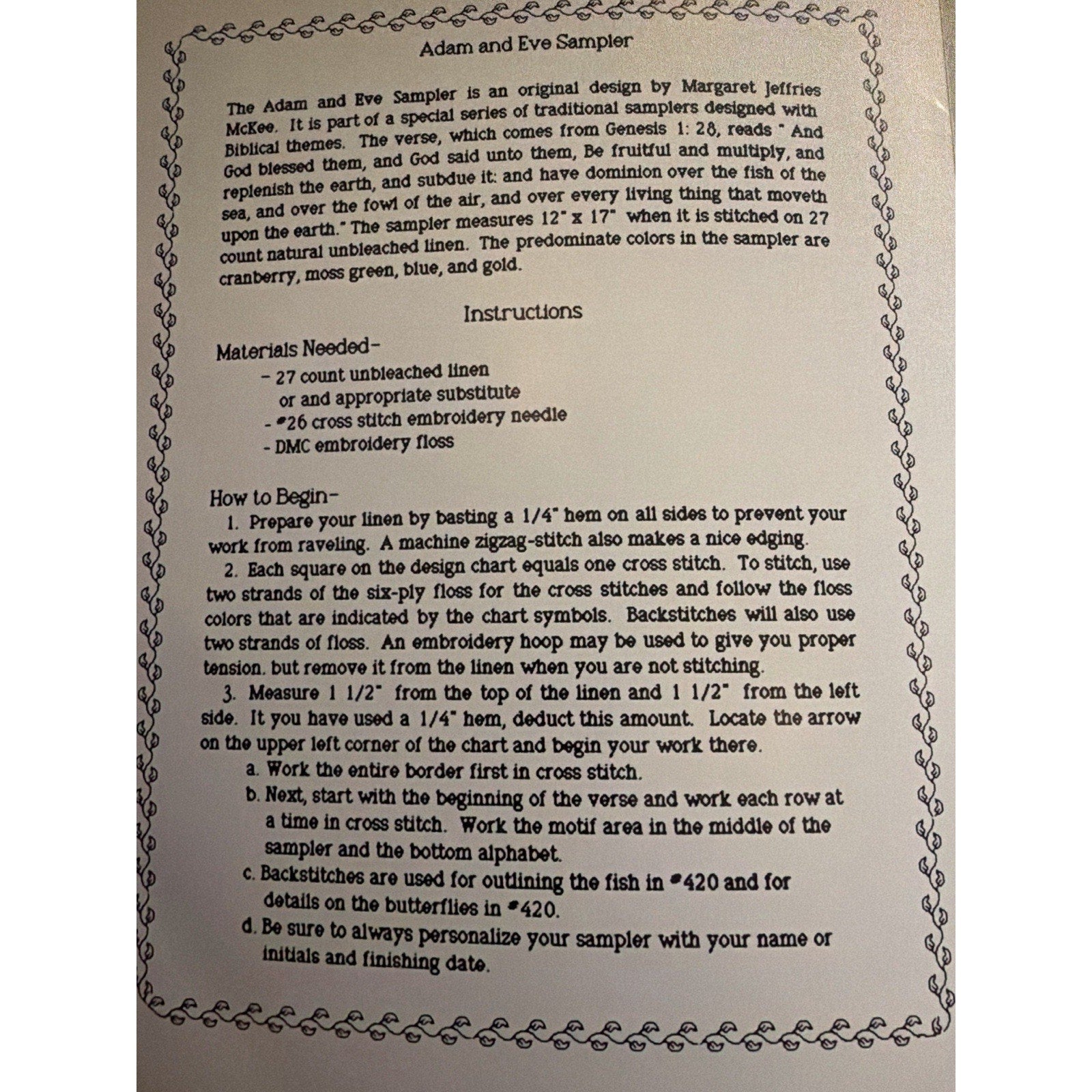 Margaret & Margaret Adam Eve Sampler Cross Stitch Pattern Biblical