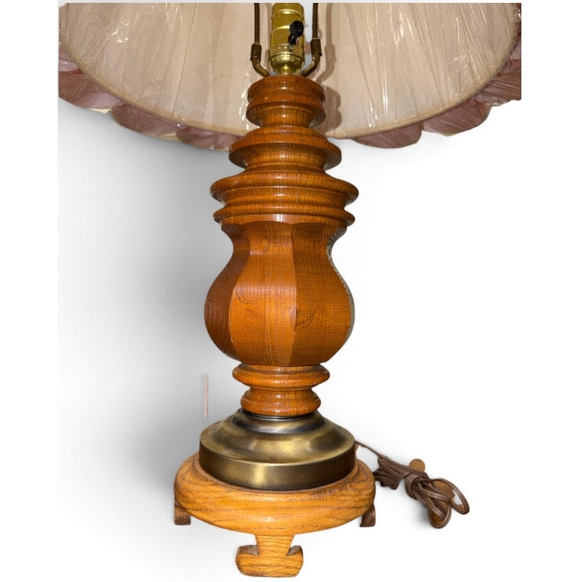 Vintage Oak Table Lamps Pair Brass Accents Pleated Shades 1980s 30 Inch