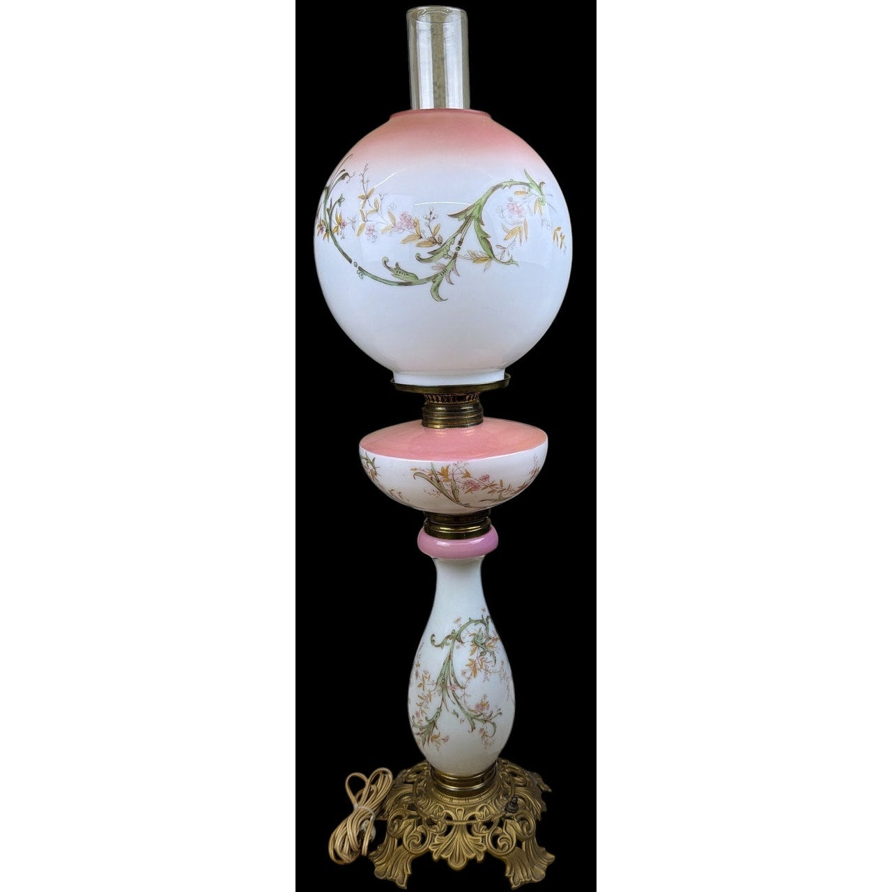 Antique Victorian 31" Banquet Lamp Hand Painted Pink Opal Glass Electric