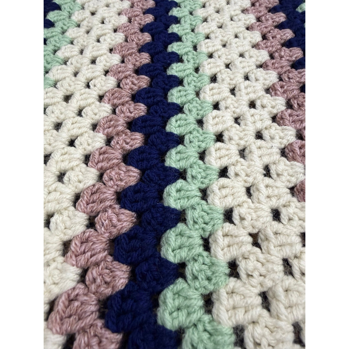 Handmade Crochet Lap Afghan Blanket Granny Square Ivory Navy Mint Pink 38"