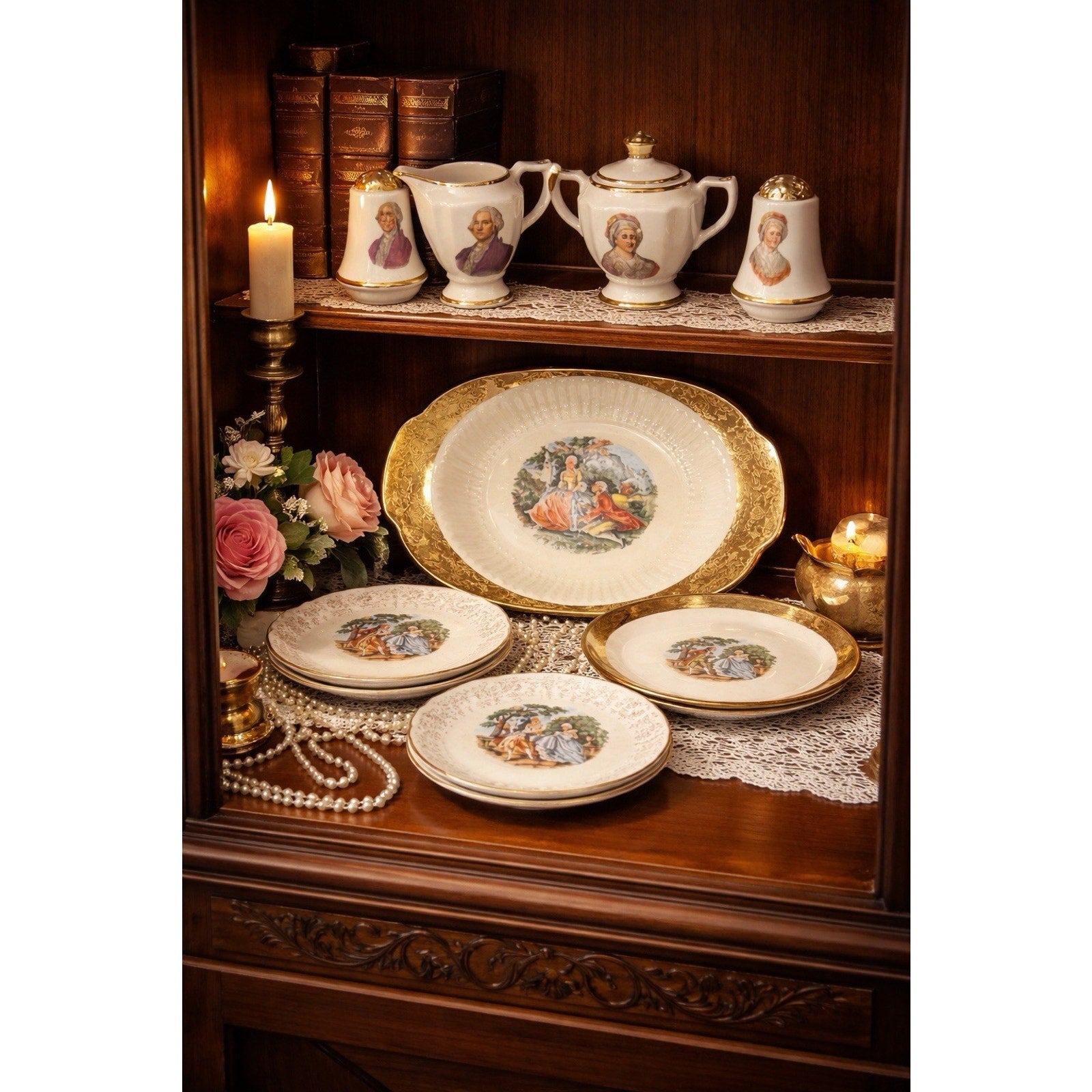 Vintage Colonial Revival Washington Portrait China Group 10 Pc Gold Decor