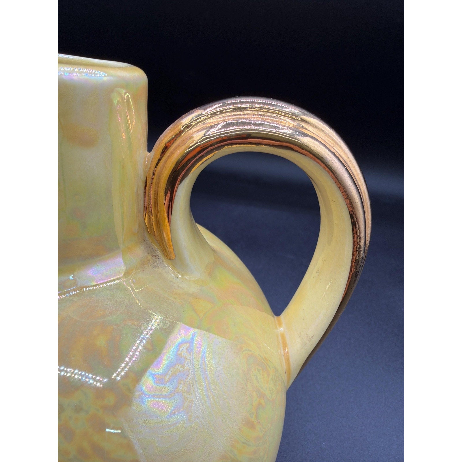 Vintage Art Pottery Ewer – Iridescent Bird Form Vase with 22K Gold Handle (USA)