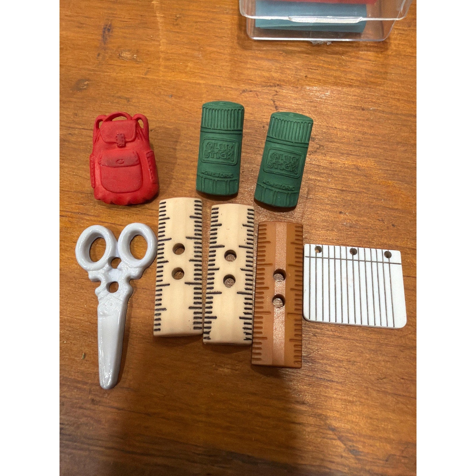 Vintage School Buttons: Backpack, Ruler, Scissors, Glue Stick Novelty Assortment