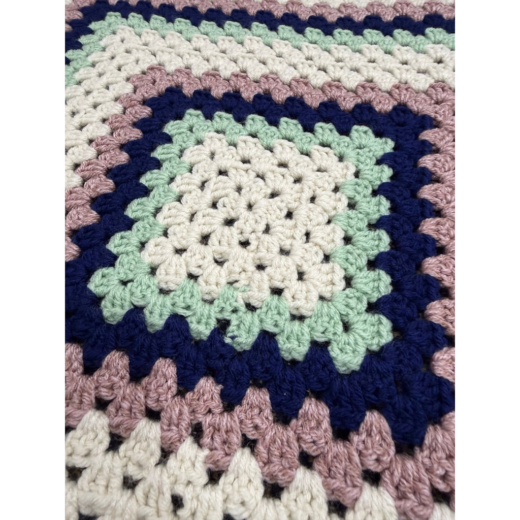 Handmade Crochet Lap Afghan Blanket Granny Square Ivory Navy Mint Pink 38"