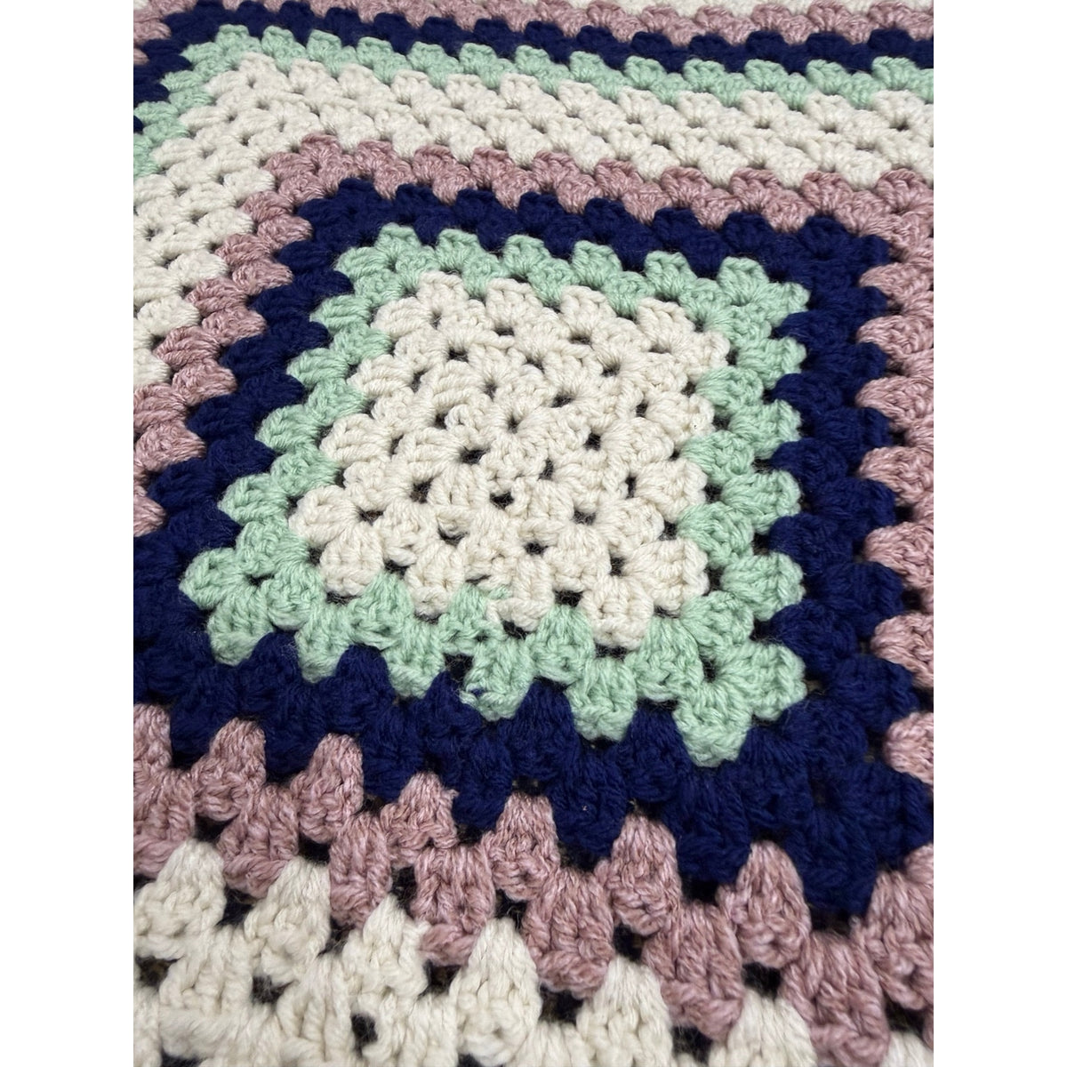 Handmade Crochet Lap Afghan Blanket Granny Square Ivory Navy Mint Pink 38"