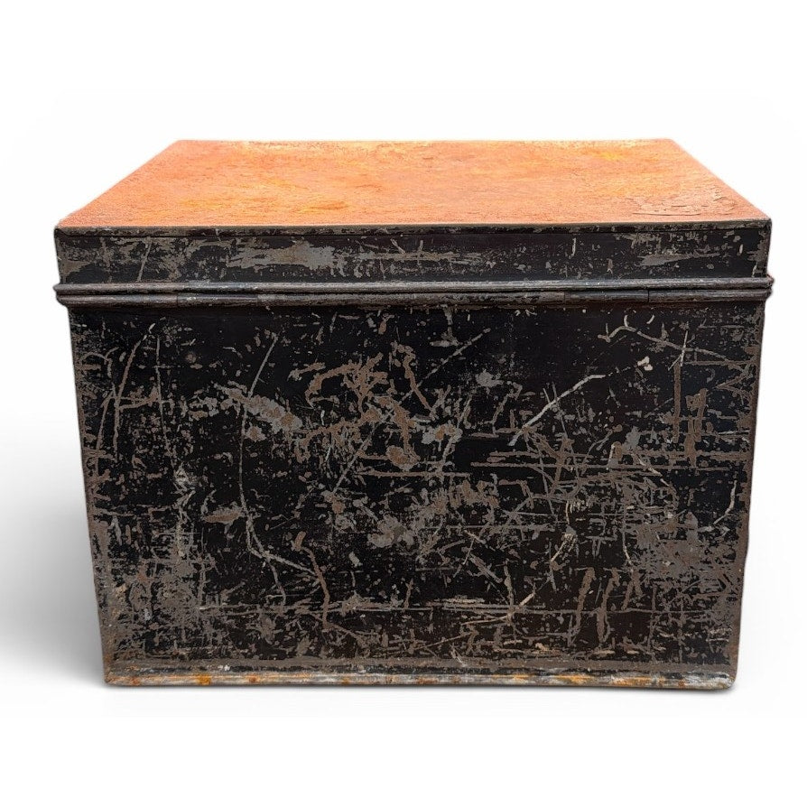 Antique Black Japanned Steel Deed Box Document Chest Industrial Storage