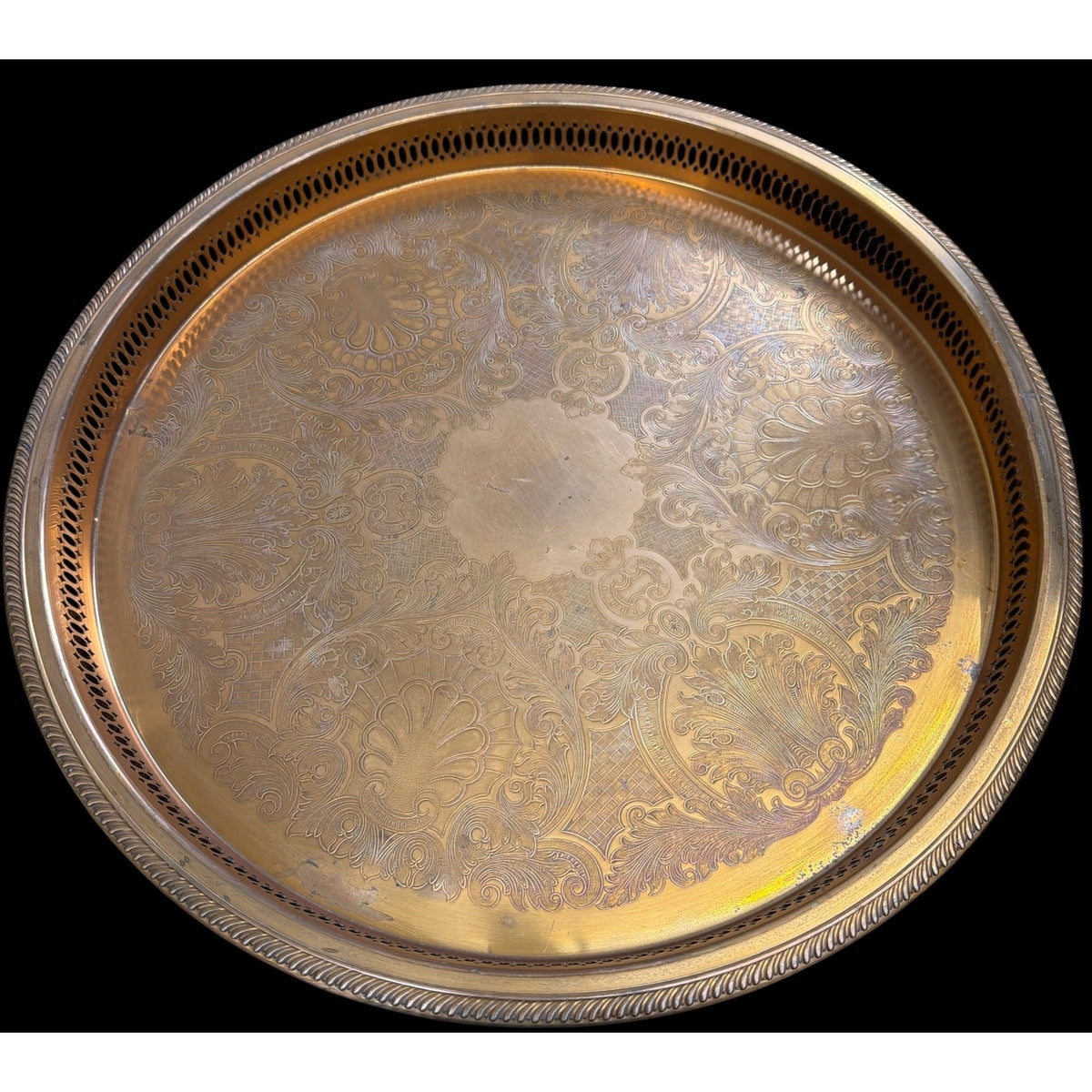 Vintage 18” Copper Plated Engraved Serving Tray Pierced Gallery – additional view 5