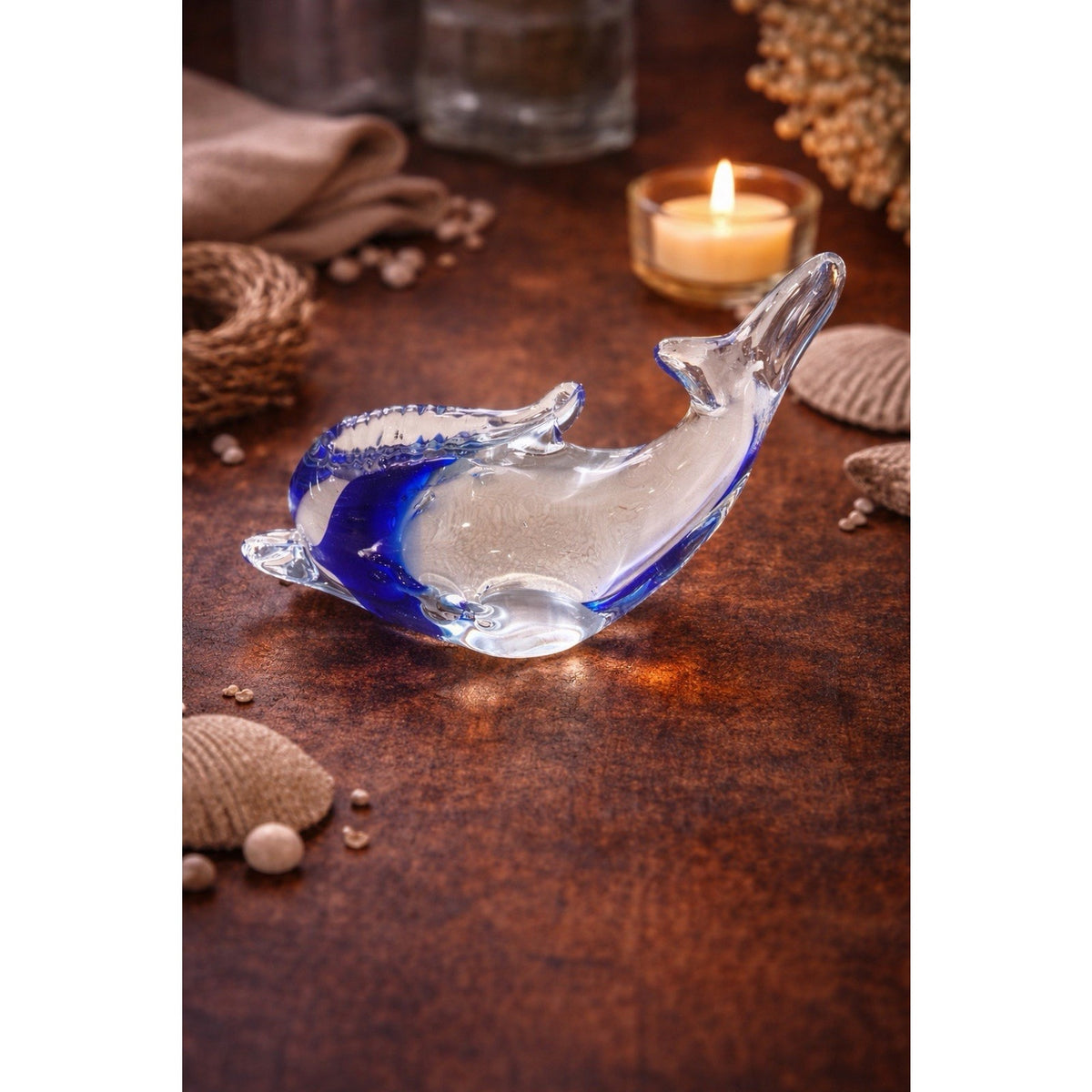 Vintage Clear & Cobalt Glass Dolphin Paperweight Art Glass 5” Japan Style