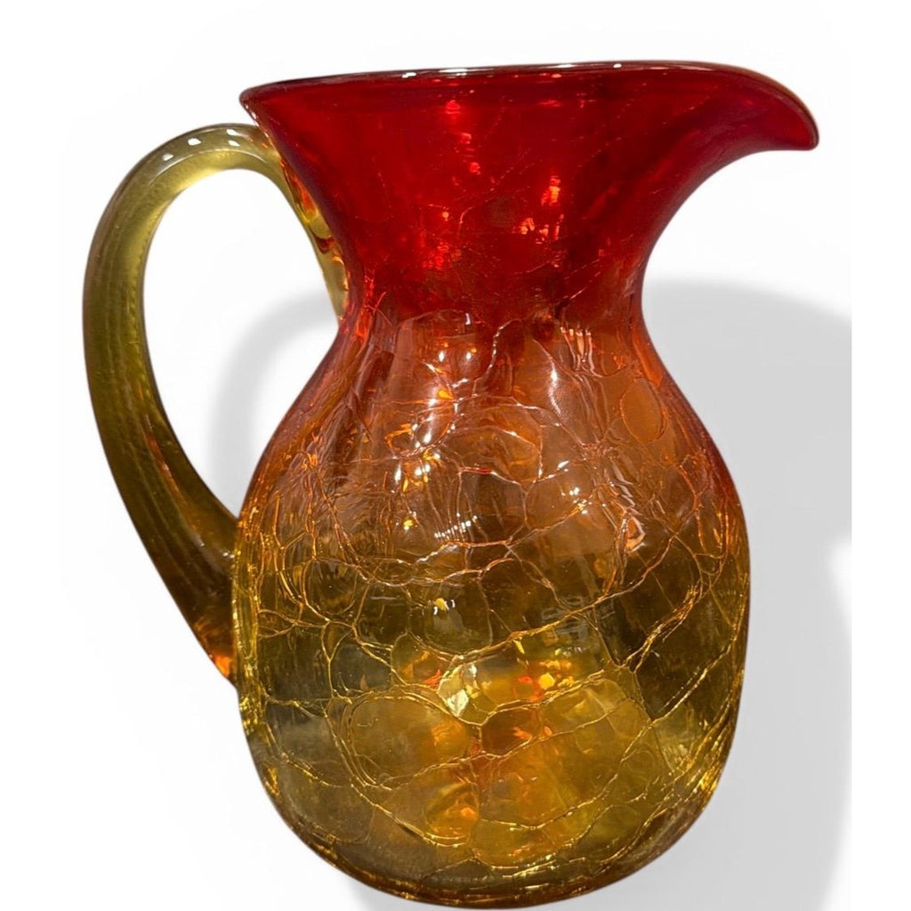 Hand Blown Amber Red Crackle Glass Pitcher – Mid-Century Modern Art Glass