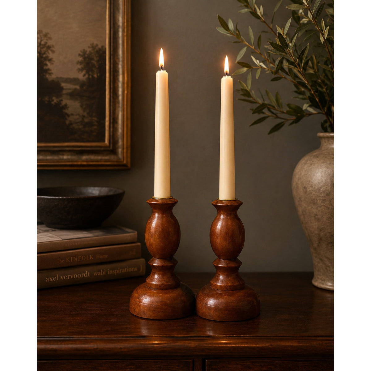 Vintage Paul R Winter Cherry Wood Candlesticks Solid Brass Cups Handmade Pair – additional view 2