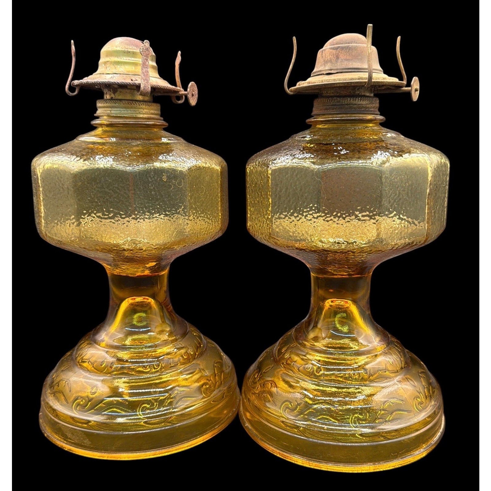 Antique Amber Glass Oil Lamps Pair | Vintage Hurricane Farmhouse Lighting