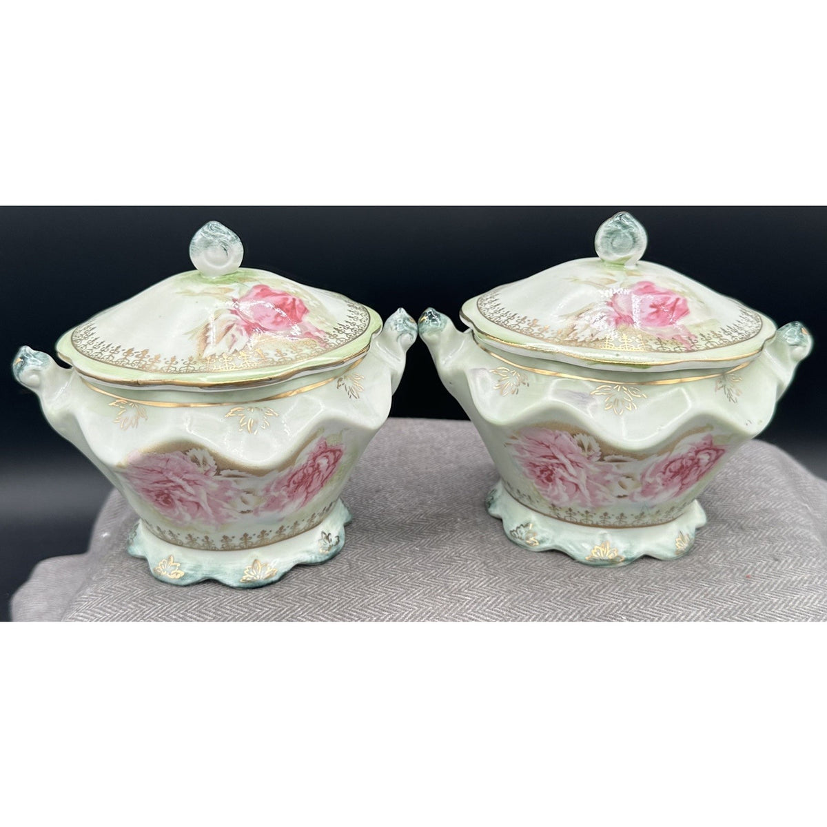 Antique Nippon Lidded Covered Bowls Pair Pink Roses Gold Trim Japan Porcelain