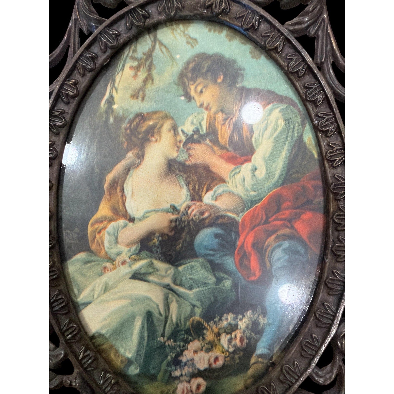 Set of 2 Vintage Italian Wall Plaques: Baroque Metal Frames, Rococo Art