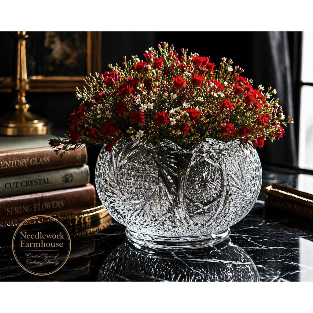Vintage Glass Rose Bowl UV Reactive Brilliant Cut Bohemian Style