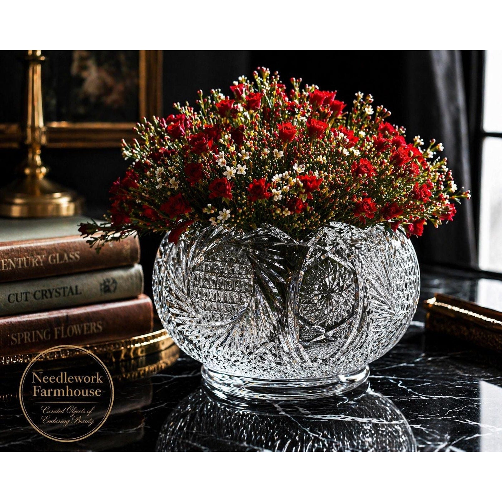 Vintage Glass Rose Bowl UV Reactive Brilliant Cut Bohemian Style