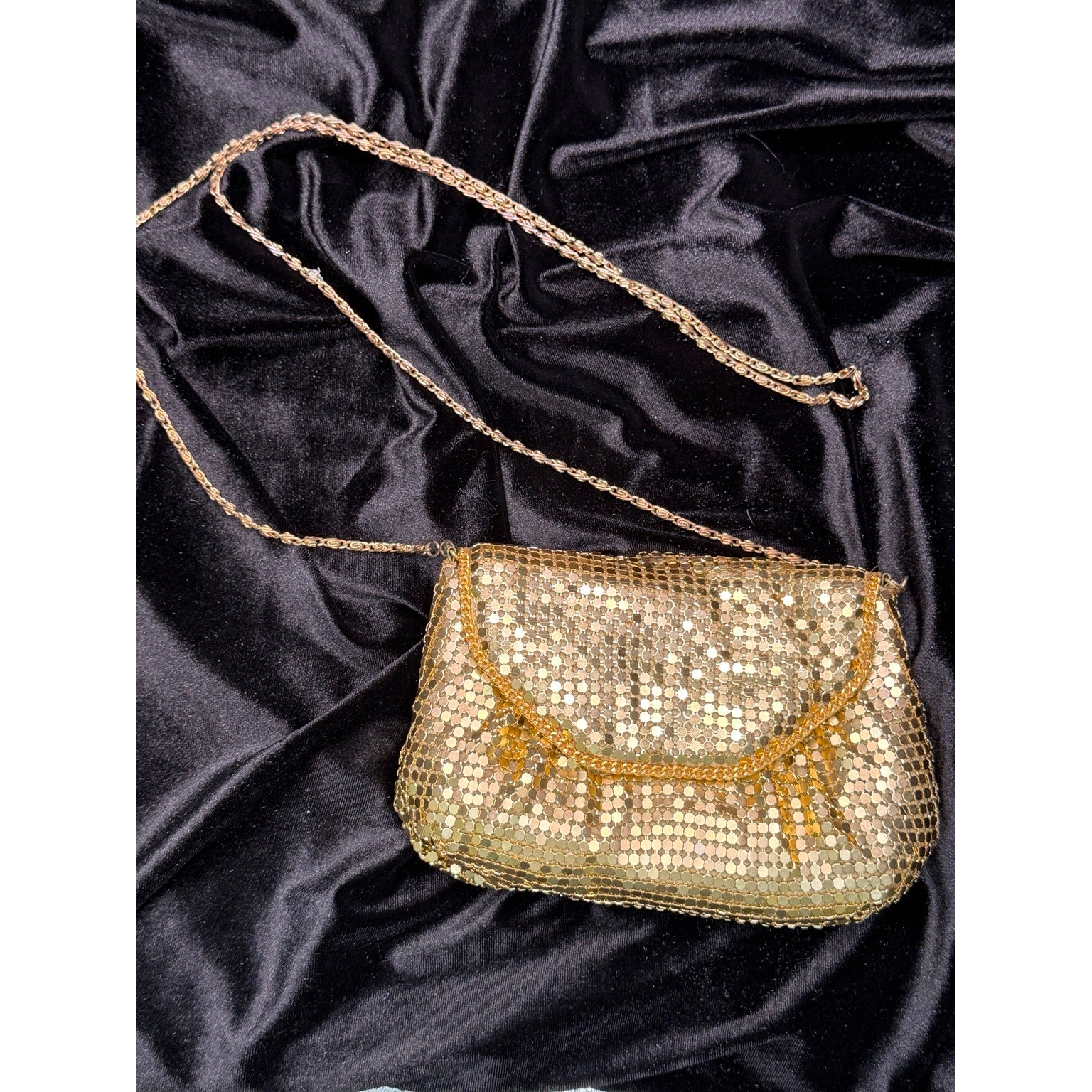 Vintage Gold Mesh Evening Bag Long Chain Purse Disco Cocktail Clutch