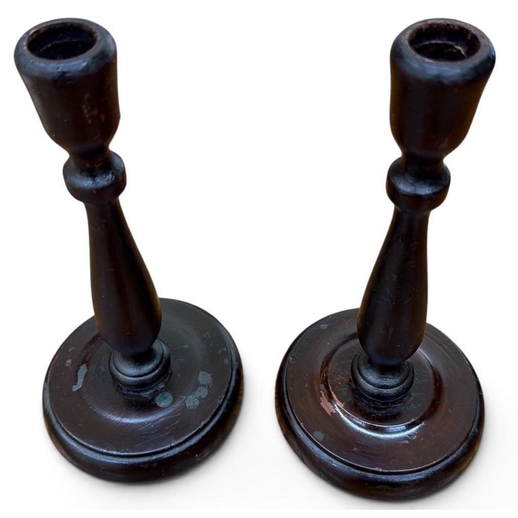 Vintage Primitive Wood Candlesticks Pair Dark Brown Timeworn 9 Inch – additional view 5