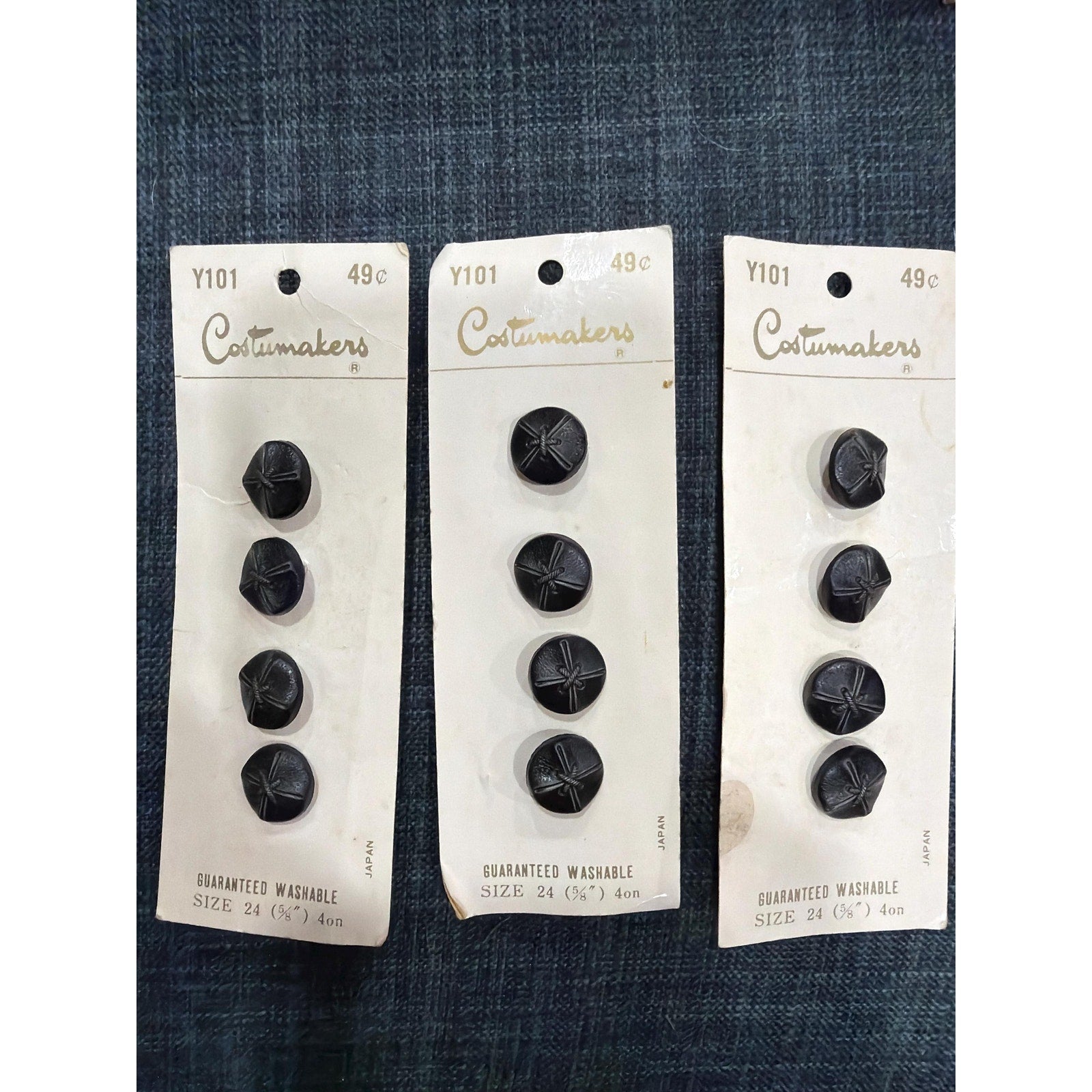 Vintage Black Leather-Look Buttons, Costumakers Japan, Size 24 (5/8 Inch) Lot of 12