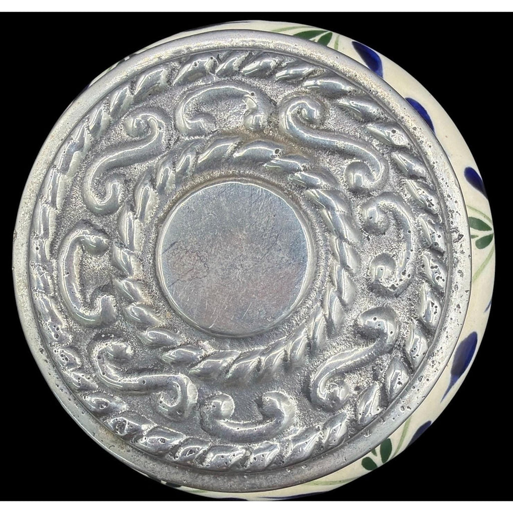 Hand Painted Mexican Ceramic Jar, Pewter Lid, Folk Art Lidded Pot – additional view 6