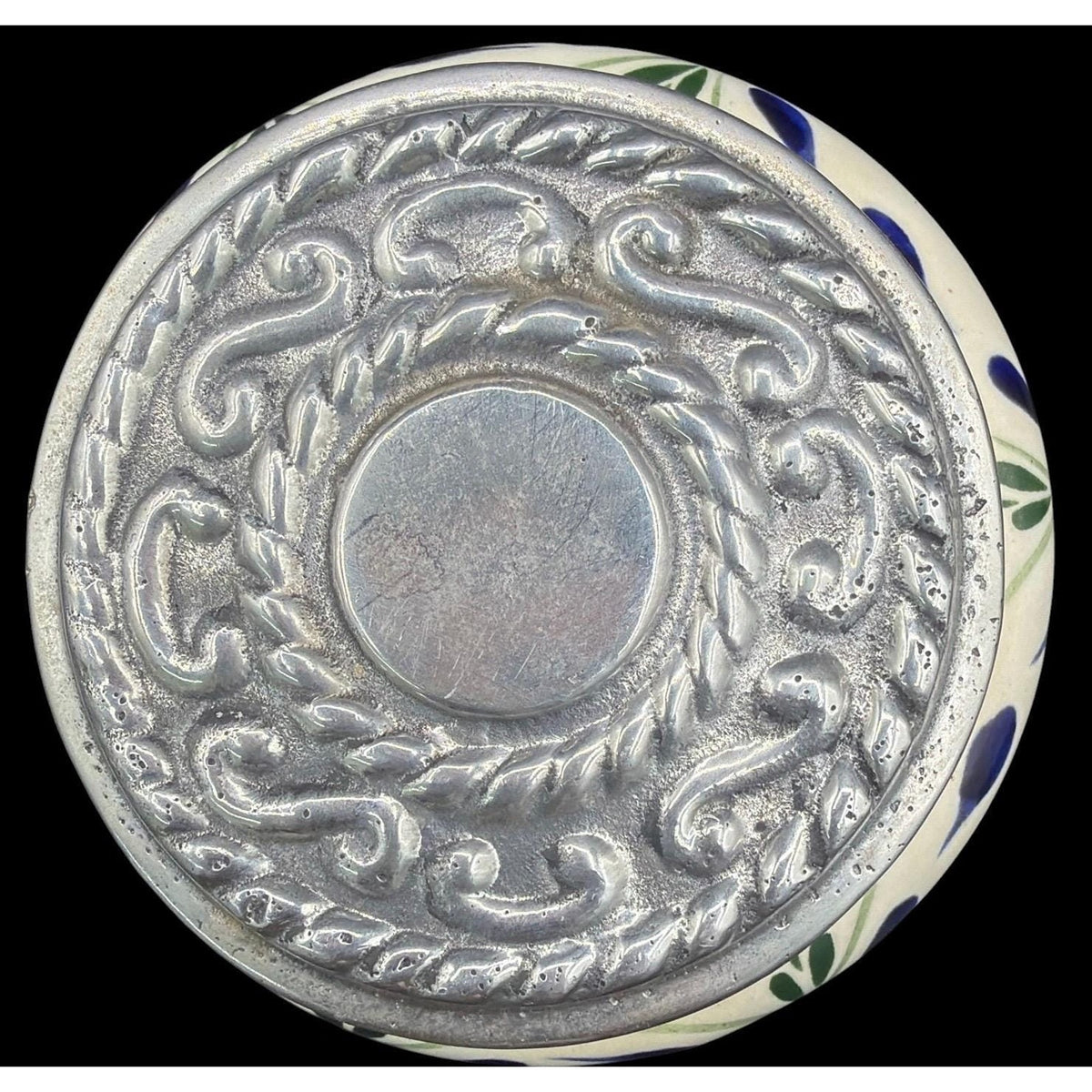 Hand Painted Mexican Ceramic Jar, Pewter Lid, Folk Art Lidded Pot – additional view 6