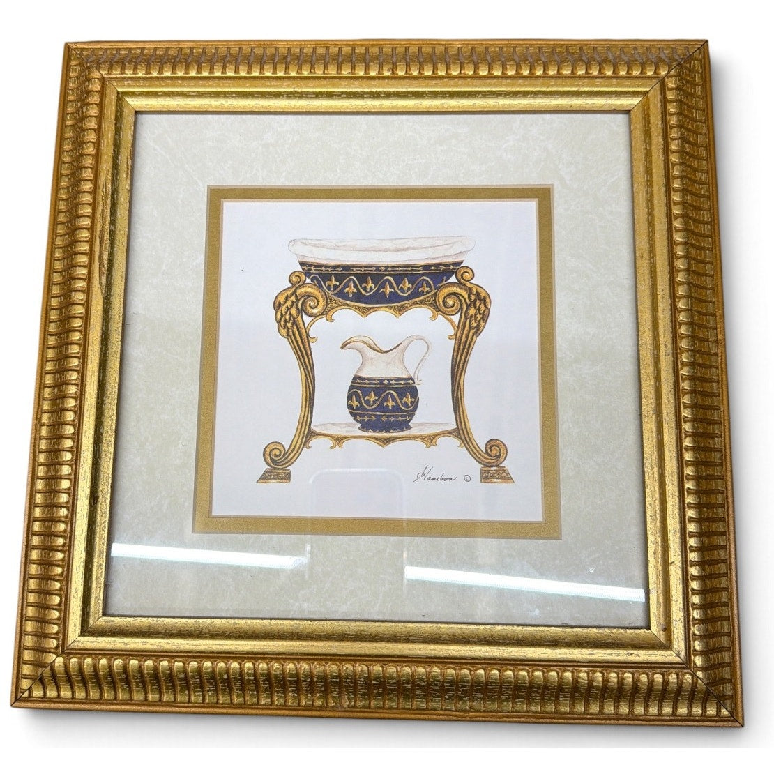 Vintage Maurboa Pitcher Washstand Prints Pair Ornate Gilt Frames 11.5"