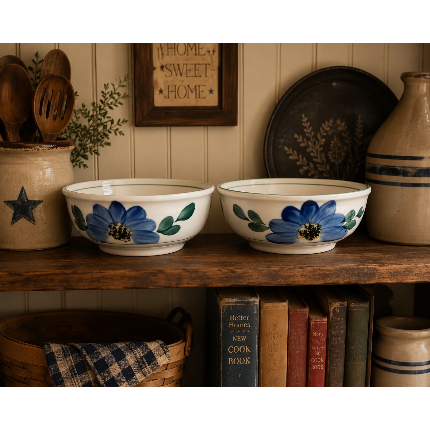 Vintage Blue Floral Stoneware Bowls Set of 2 | Cottagecore Kitchen Decor | Farmhouse Serving Bowls
