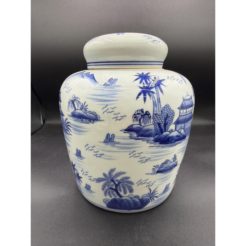 Large Vintage Blue White Chinoiserie Ginger Jar – 10 Landscape Vase