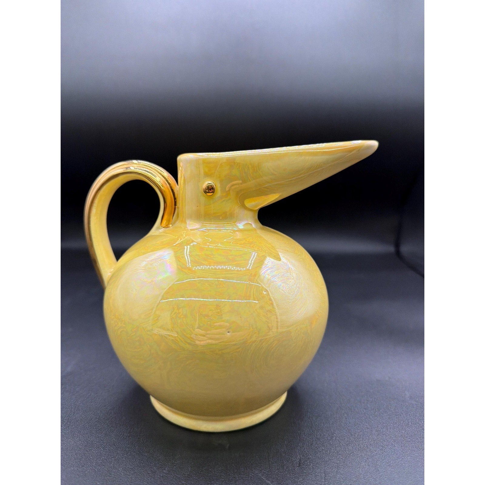 Vintage Art Pottery Ewer – Iridescent Bird Form Vase with 22K Gold Handle (USA)