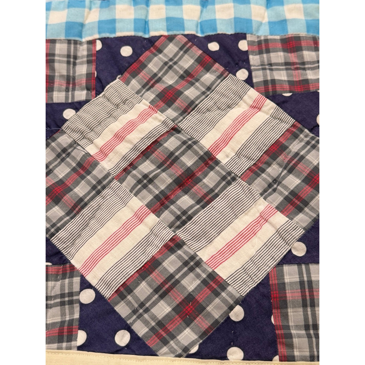 Vintage Hand Quilted 20-Piece Nine Patch Quilt Blue Gingham 66 x 77 – additional view 8