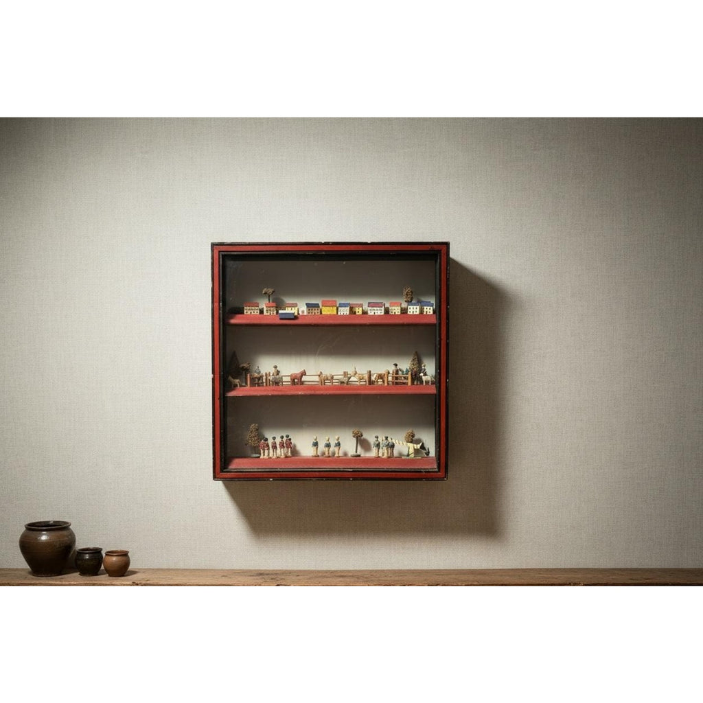 Antique Alpine Folk Art Diorama Shadow Box Miniature Village 15” Wall Cabinet
