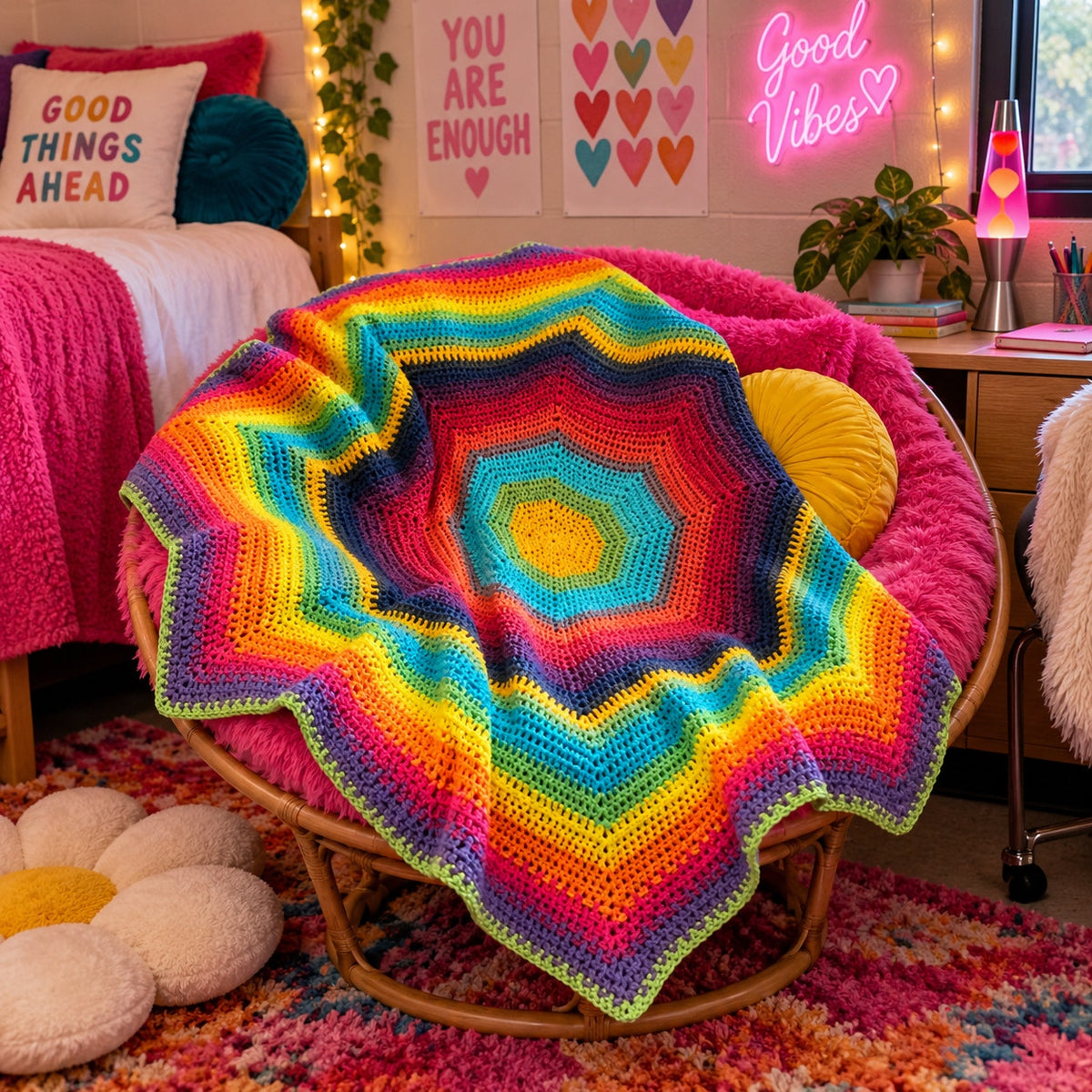 Handmade Rainbow Crochet Afghan 55 Inch Eight Point Star Spiderweb Throw – main view
