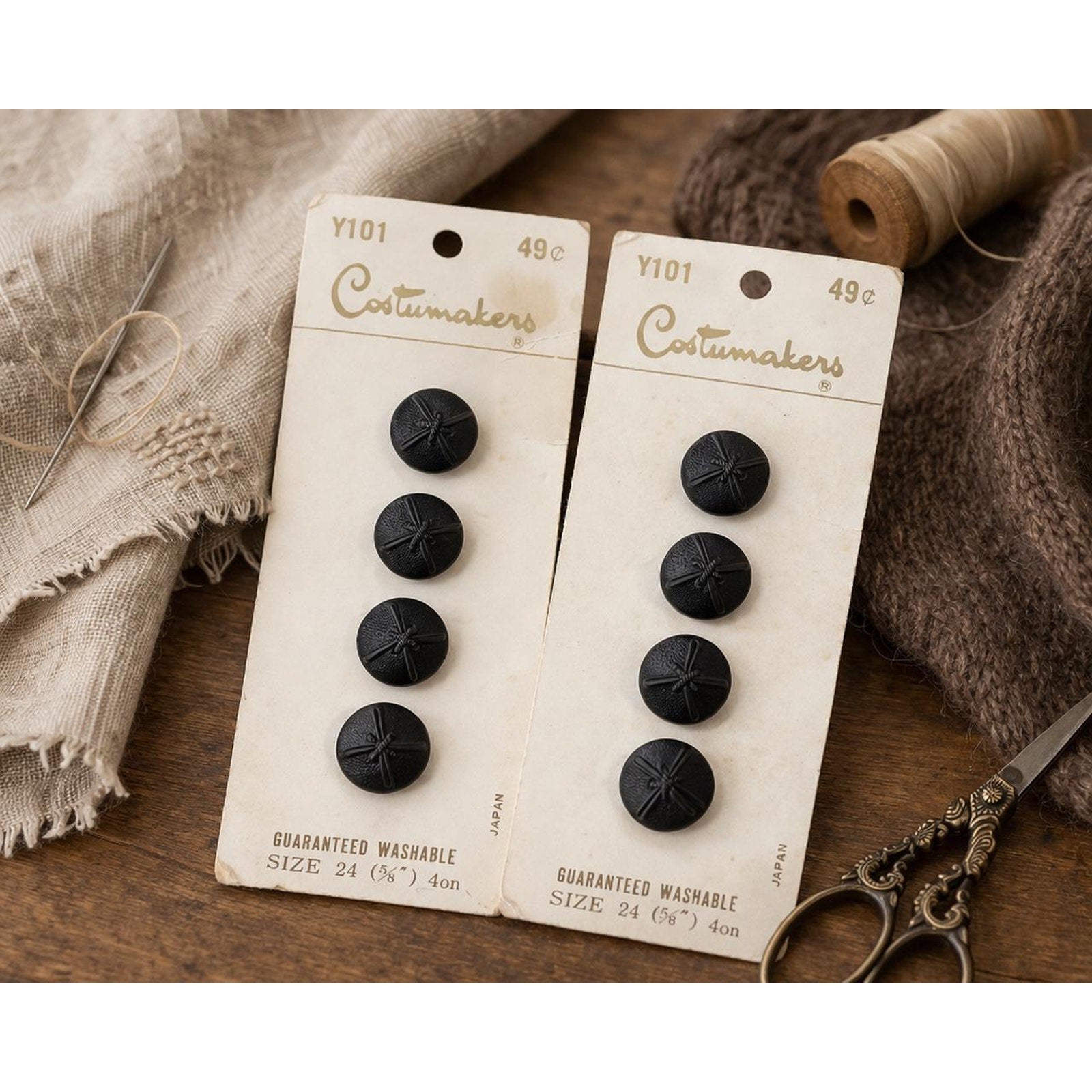 Vintage Black Leather-Look Buttons, Costumakers Japan, Size 24 Sewing Supplies