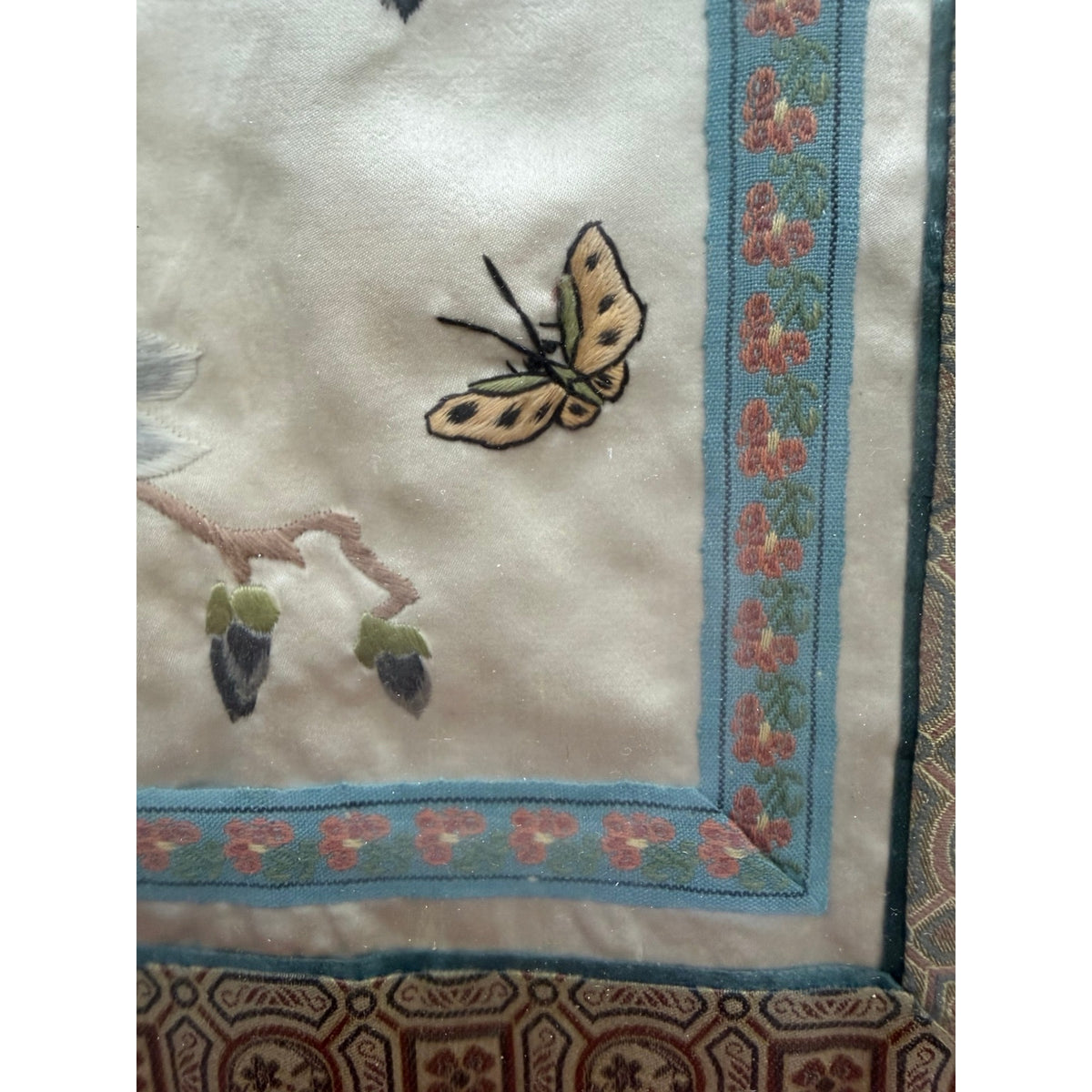 Vintage Chinese Silk Embroidery Framed Butterfly Botanical Textile Art