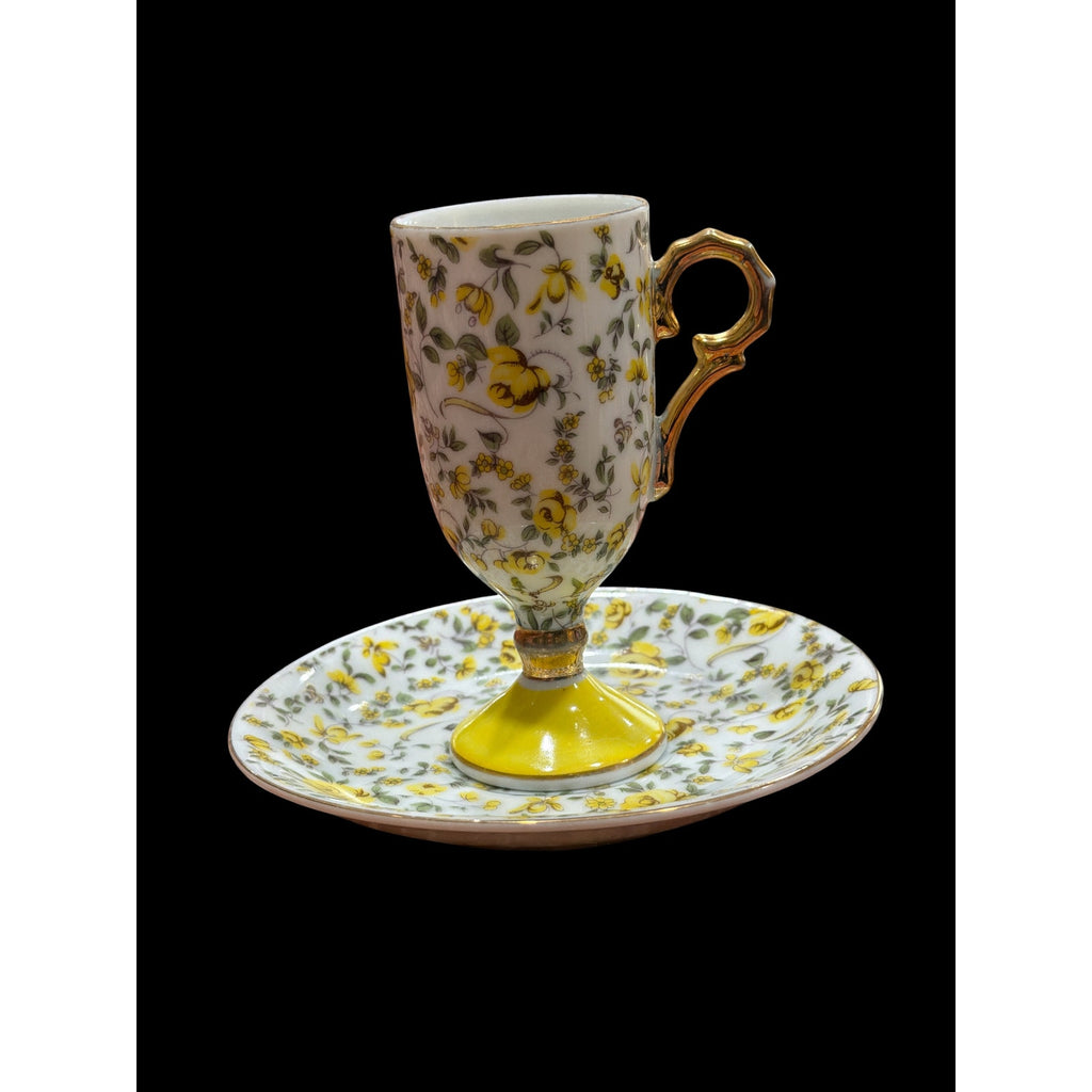 Vintage Inarco Japan Demitasse Cup Saucer Yellow Rose Chintz Gold 1960s