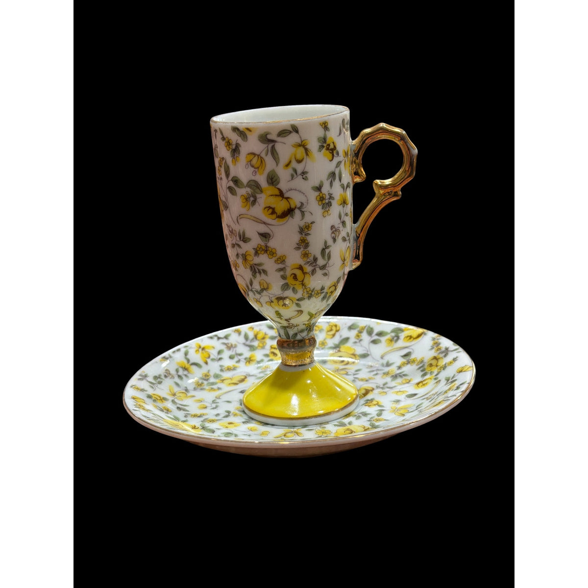Vintage Inarco Japan Demitasse Cup Saucer Yellow Rose Chintz Gold 1960s