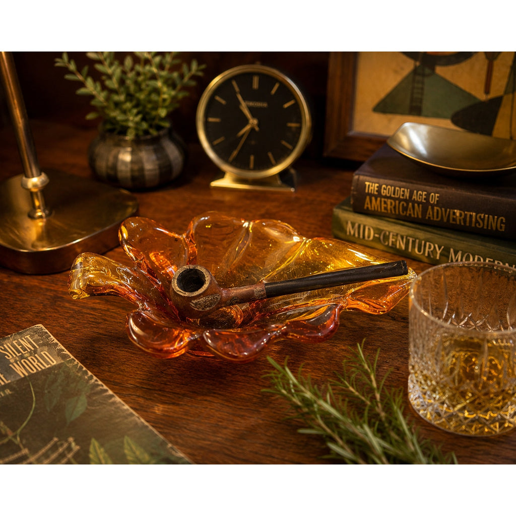 Vintage Amber Glass Pipe Ashtray with Pipe Mid Century Modern Tobacciana MCM