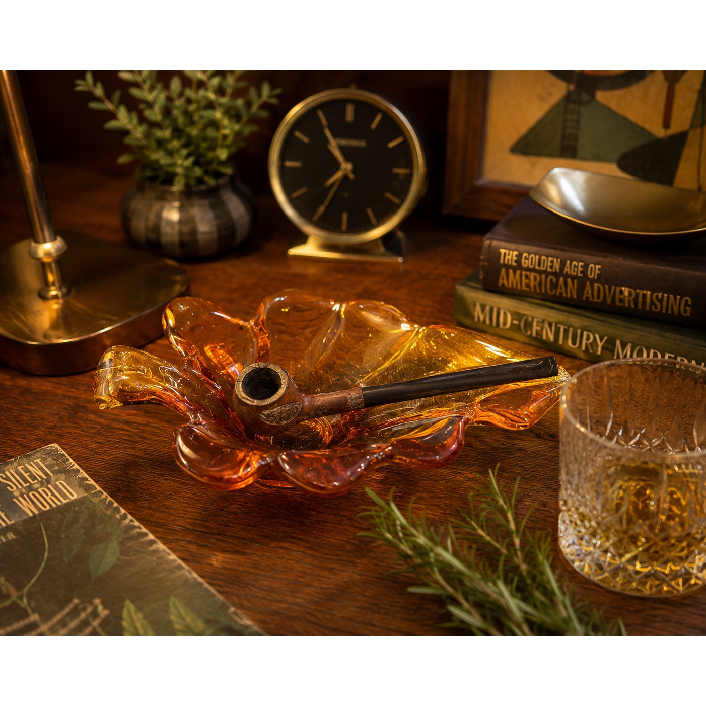 Vintage Amber Glass Pipe Ashtray with Pipe Mid Century Modern Tobacciana MCM