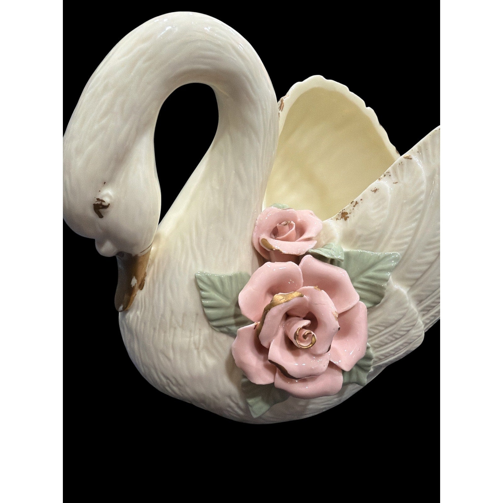 Vintage Porcelain Swan Planter with Pink Roses | Cottagecore French Country