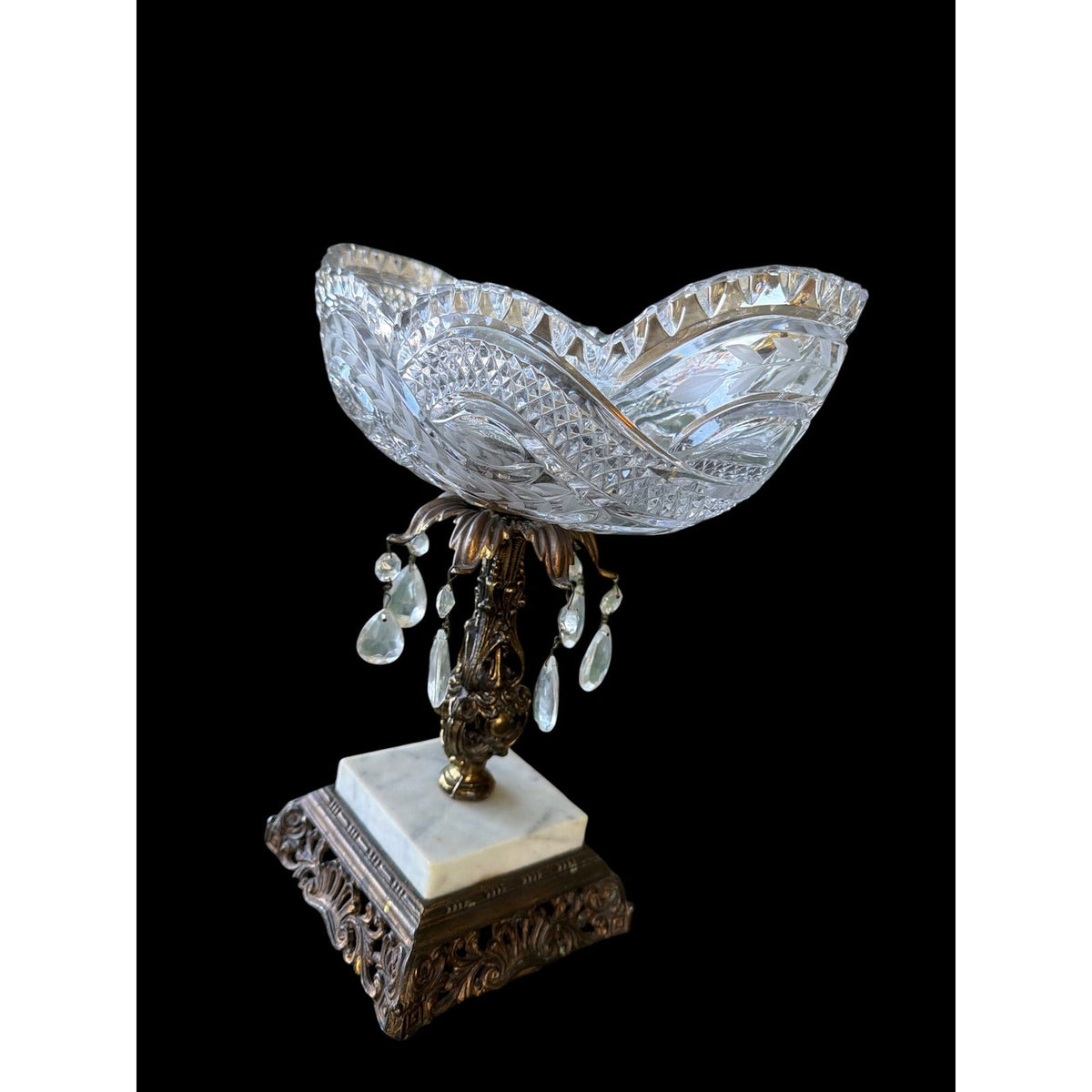 Antique Cut Crystal Centerpiece Bowl with Brass Marble Pedestal and Prisms